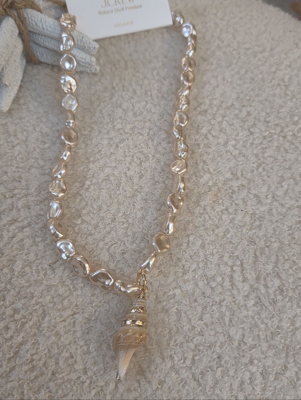 J. Crew Gold and Cream Shell Pendant Necklace with Irregular Pearl Beads